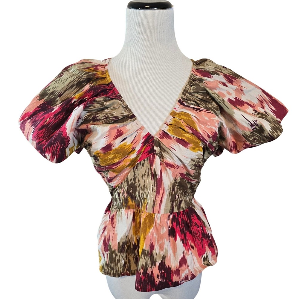 Anthropologie Love The Label Painterly XS‎  Open Back Puff Sleeve Peplum Top